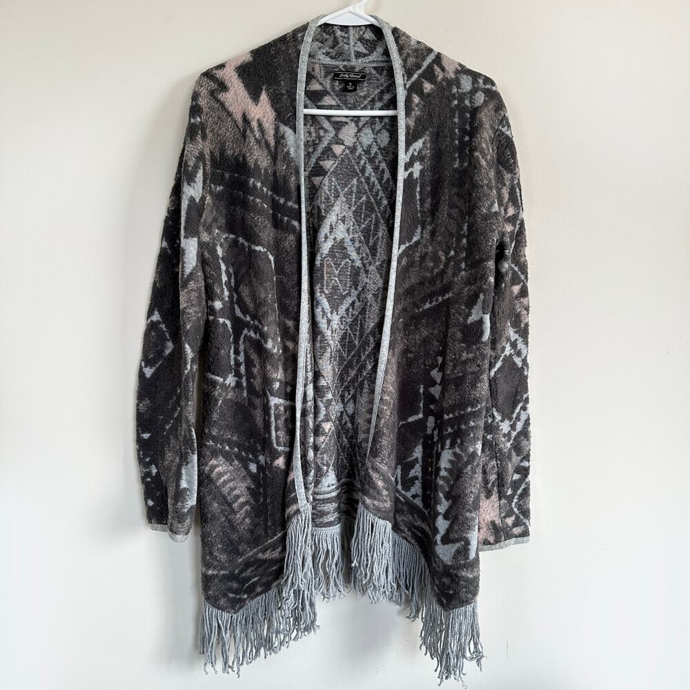 Lucky Brand Fringed Brushed Knit Cardigan Sweater Boho Southwest Open Front S